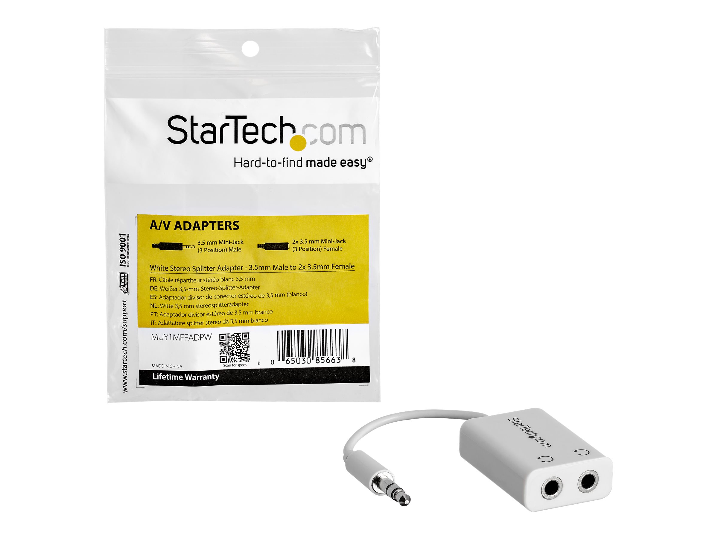 StarTech.com White Slim Mini Jack Headphone Splitter Cable Adapter - 3.5mm Audio Mini Stereo Y Splitter - 3.5mm Male to 2x 3.5mm Female (MUY1MFFADPW) - Headphones splitter - mini-phone stereo 3.5 mm female to mini-phone stereo 3.5 mm male - 6 in - white - image 4 of 8