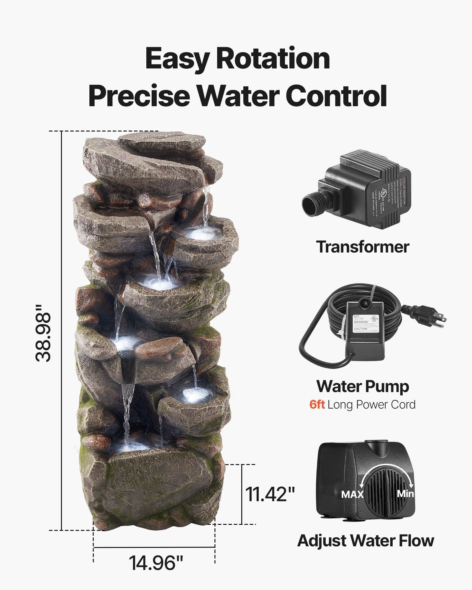 Outdoor Water Fountain 7-Tier Rock-Shaped Cascading 38.98 in Fountains