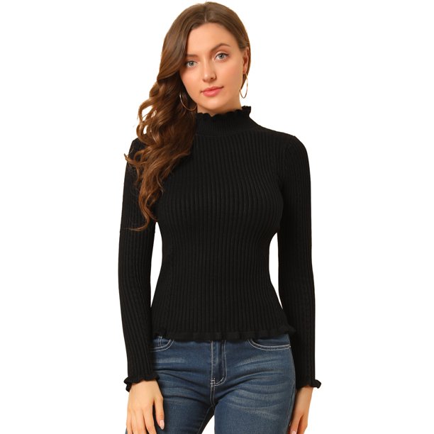 INSPIRE CHIC Suéter de mujer de corte clásico ligero de manga larga con volantes y cuello simulado Negro XS