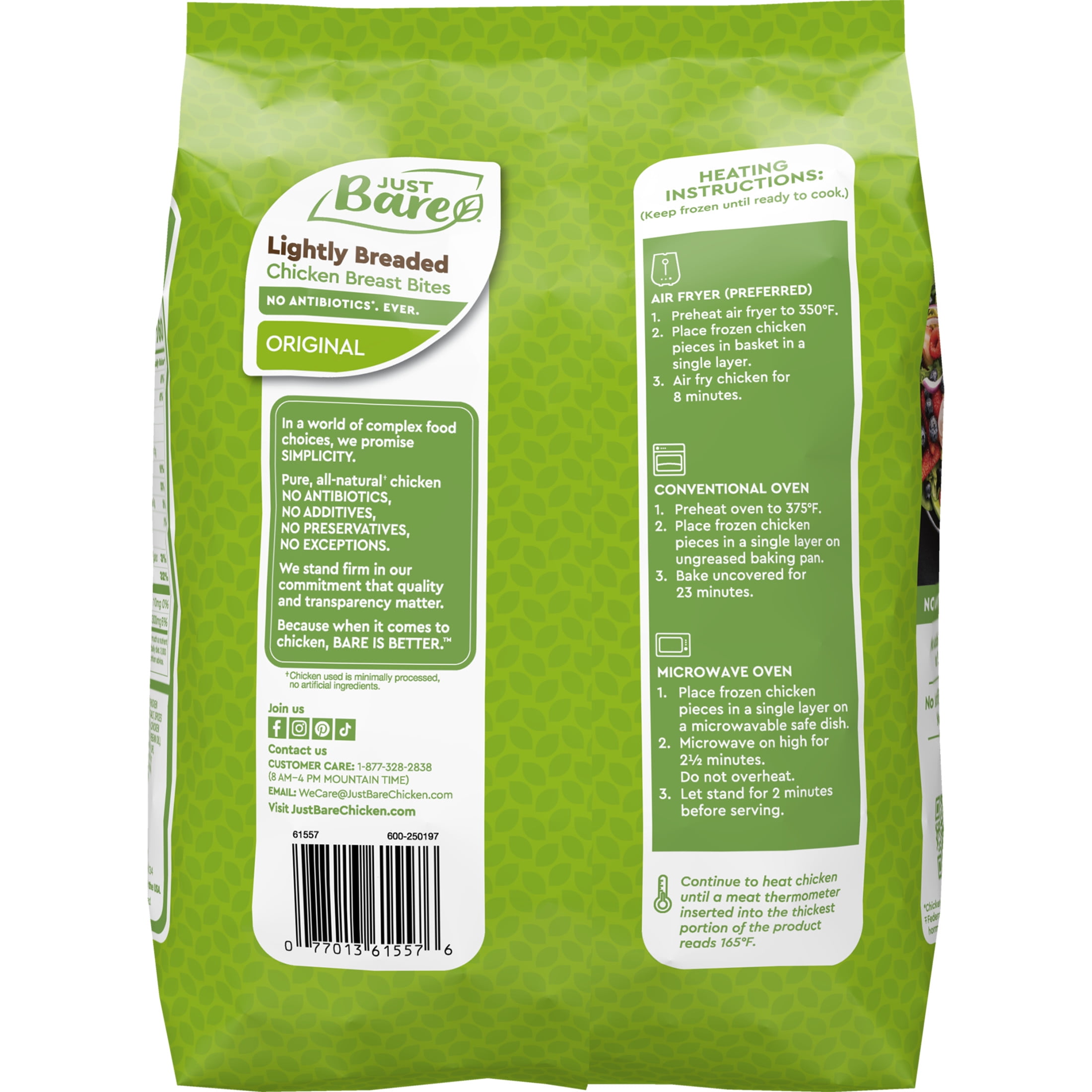 Just Bare Fully Cooked Lightly Breaded Chicken Breast Bites 1.5 lb, 16g of Protein, Serving Size 3 Ounces