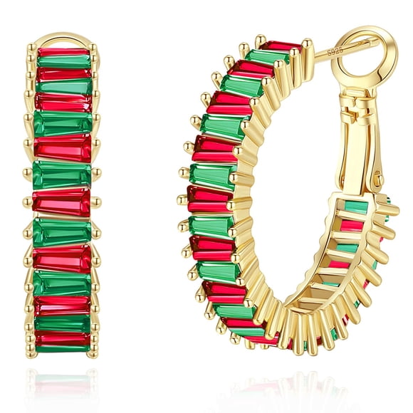Aretes GLOQUAT Chapados en Oro 14K con CZ Rojo y Verde 25 mm