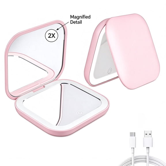 FORICOM Pocket Mirror, 1X/2X Magnification LED Compact Travel Makeup Mirror with Light for Purse, 2-Sided, Portable, Folding, Handheld, Small Lighted Mirror for Gift, Pink