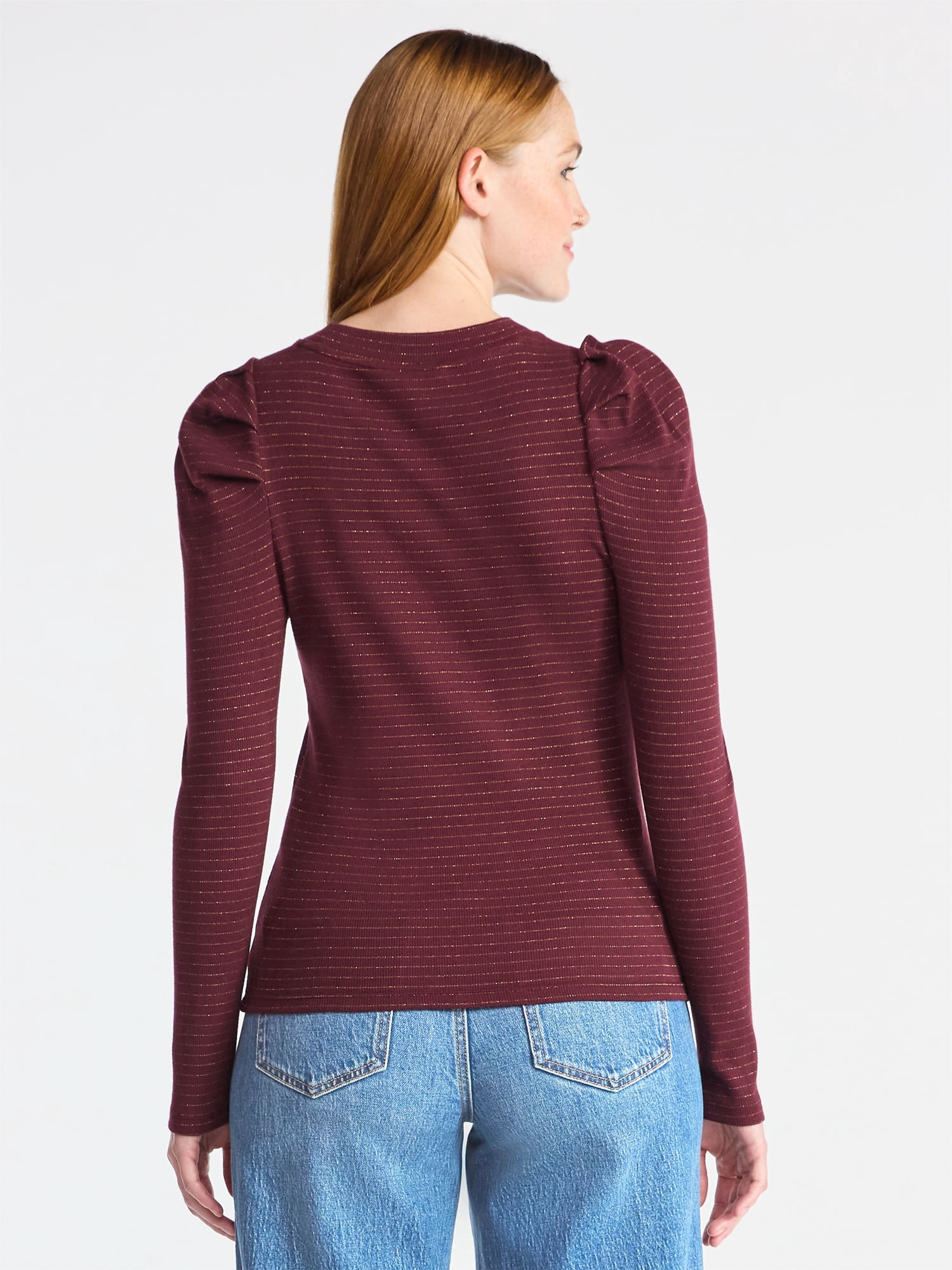 Time and Tru Women's Top with Long Puff Sleeves, Size XS-XXXL