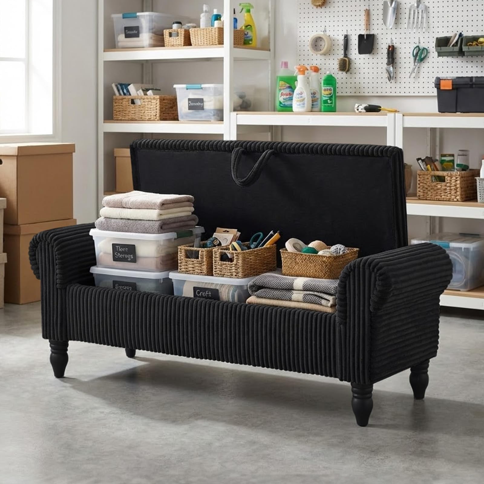51.5" Storage Ottoman Bench, Upholstered Corduroy End of Bed Bench with Hidden Storage for Bedroom, Entryway & Living Room, Black