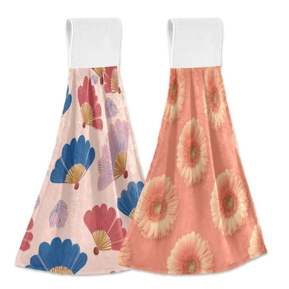 IAUYY Kitchen Hanging Towels Set of 2 100% Polyester Absorbent, Super Soft Hand Towels with Hanging Loops for Bathroom Kitchen Hand Fan Pattern Grayber's Flowers