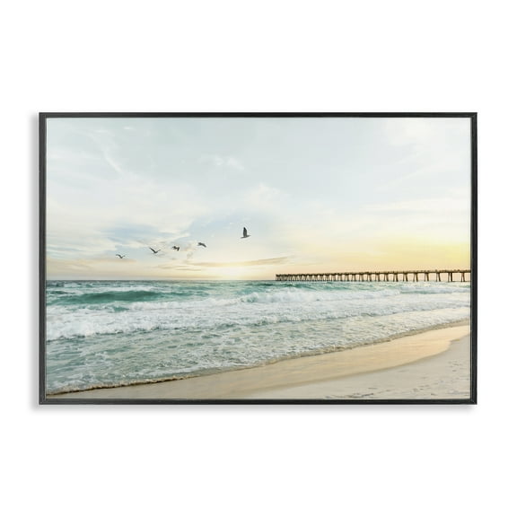 Stupell Industries Birds at Beach Pier Landscape & Nature Photography Black Framed Art Print Wall Art, 18 x 12