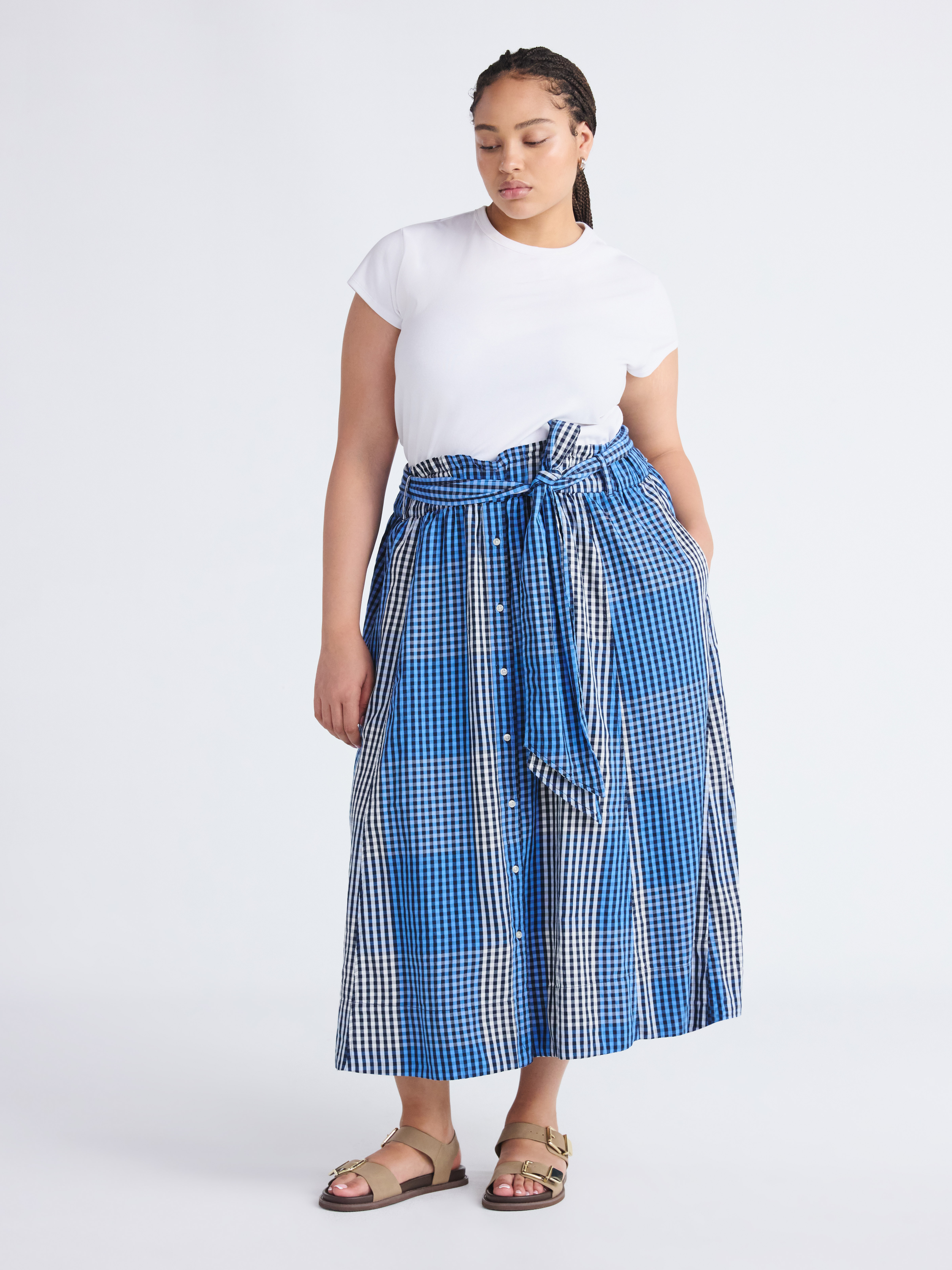 Free Assembly Women's and Women's Plus Cotton Button Front Midi Skirt with Paperbag Waist, Sizes XS-4X