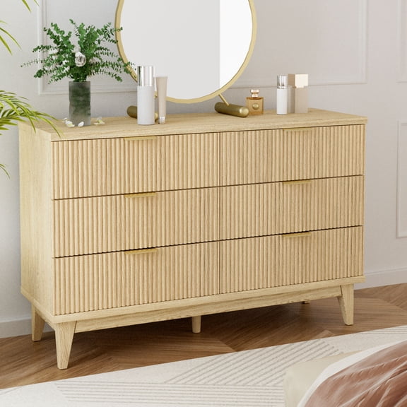 SHGJ&SOFT Fluted Dresser for Bedroom with 6 Drawers, 47" Wide Modern Chest of Drawers with Metal Handle, Wooden Storage Dresser TV Stand, Wood Storage Organizer for Living Room, Closet