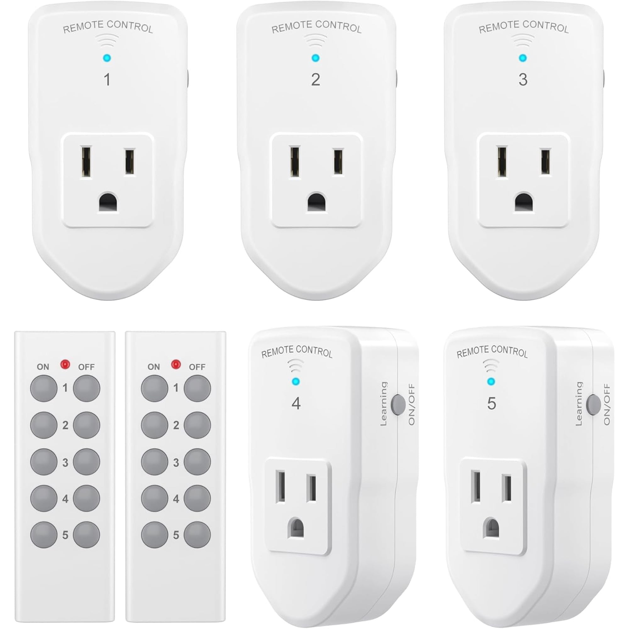 BN-LINK Wireless Remote Control Outlet with Extra Long Range, for Household Appliances, White (2 Remotes + 5 Outlets)