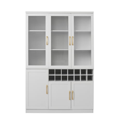 70.87" Tall Wine Bar Cabinet with Glass Doors, Modern Liquor Cabinet with Removable 14-Bottle Wine Rack & Built-in Door Shelves, High-Capacity Home Bar Storage Cabinet, White