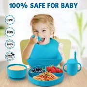 AYAOQIANG Soft Silicone Baby Feeding Set, Baby Led Weaning Set Infant Self Eating Utensil Set 7pcs Gray Blue