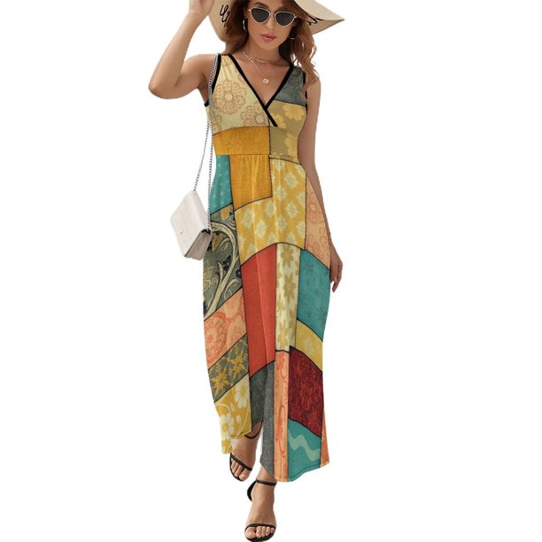 Vestido Largo Sin Mangas Para Mujer, Geometric Printing Traje Informal Para Cumpleaños, Verano