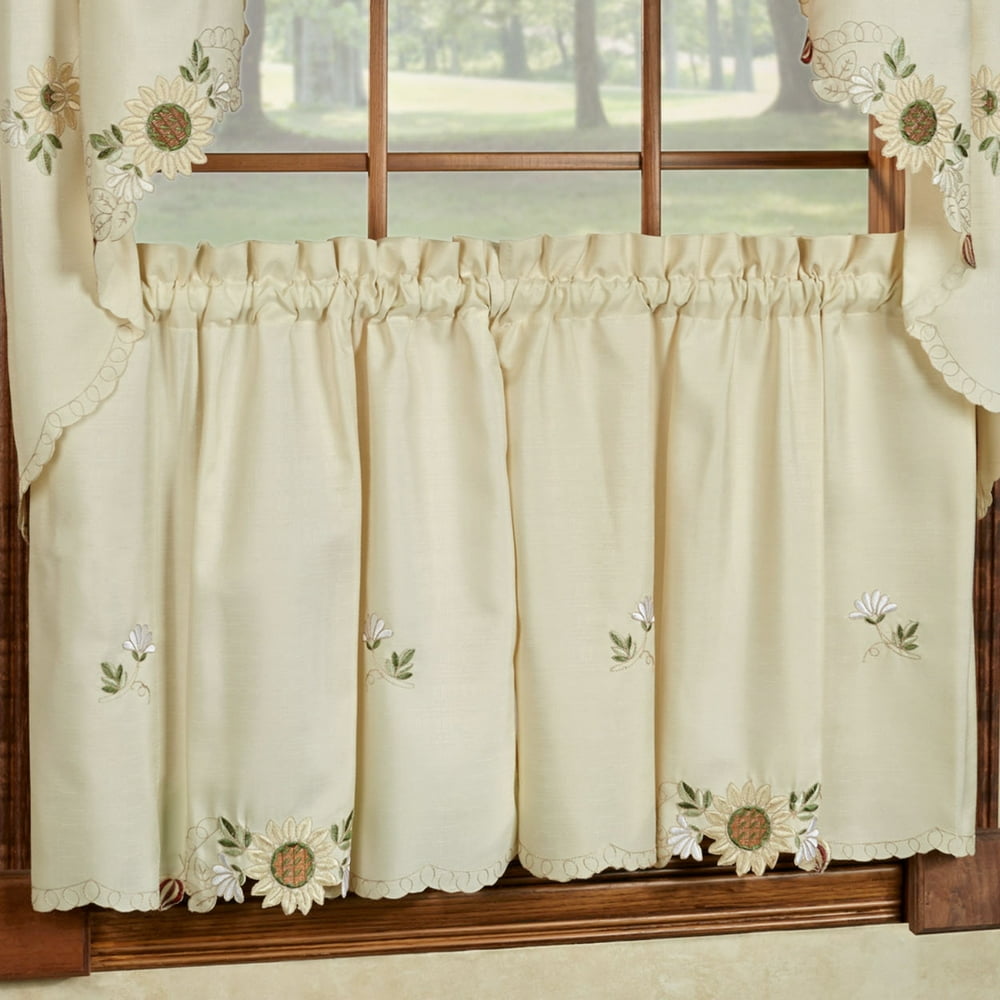Sunflower Cream Embroidered Kitchen Curtains 24 x 54 Tier Pair