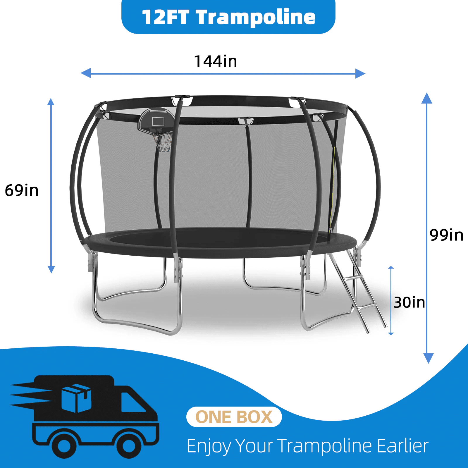 Seizeen Outdoor Kids Trampoline, 12FT Large Trampoline with Basketball Hoop & Enclosure, New Style Round Pumpkin Trampoline Anti-collision Curved Design, Black