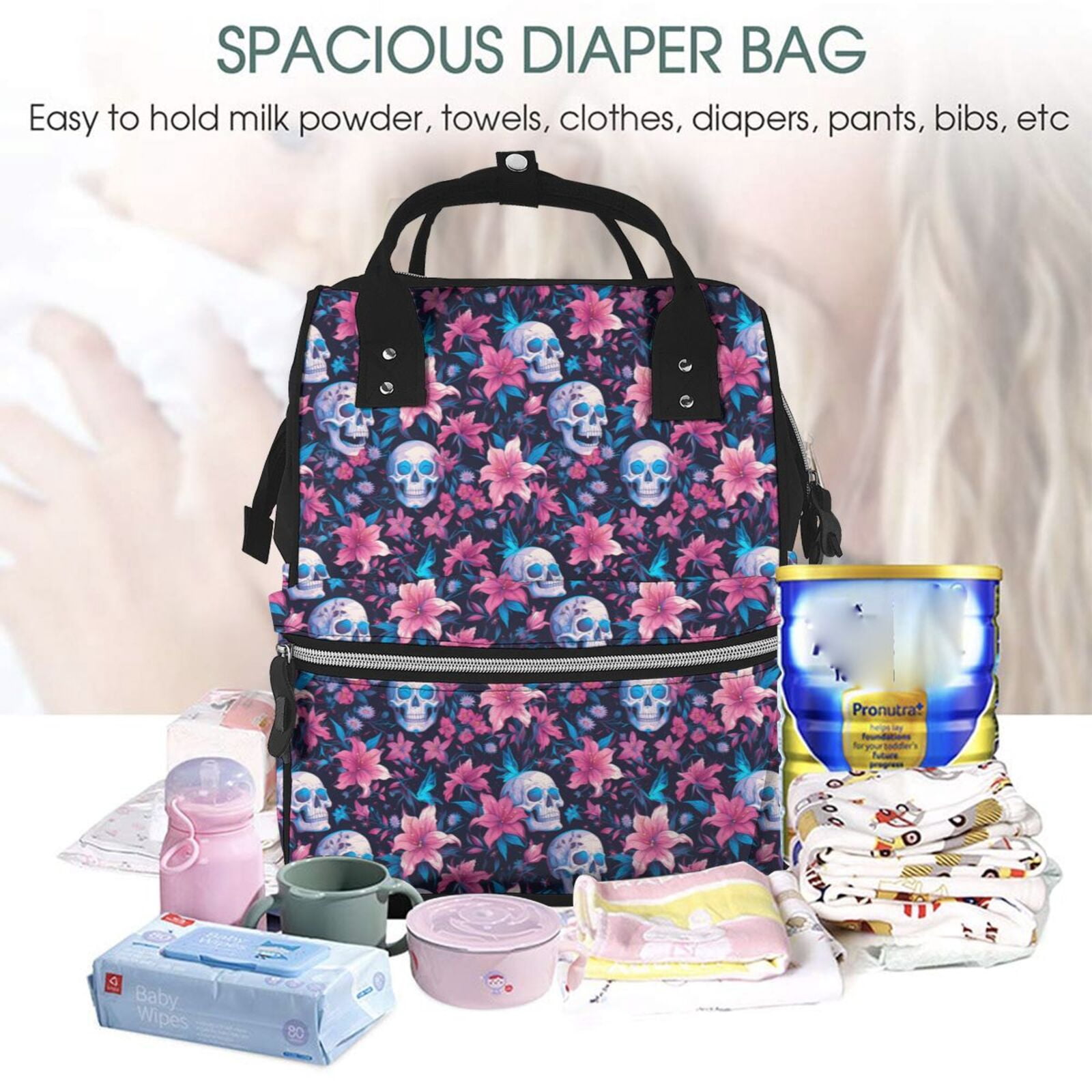 Fuzoiu funny Skull daisy flower Print Diaper Bag Backpack,Baby Essentials Travel Tote,Multi function Waterproof Diaper Bag, Travel Essentials Baby Bag - Unisex
