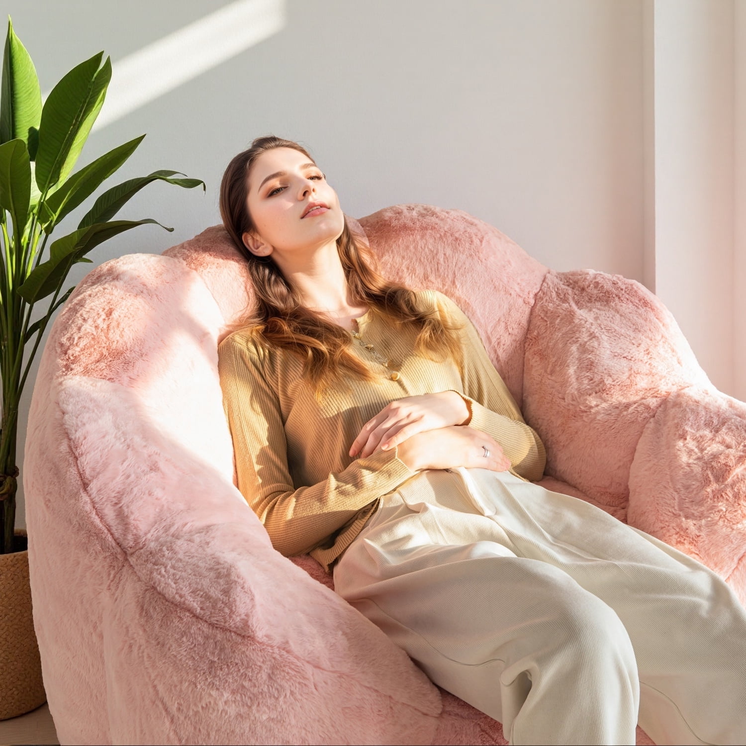 GOODONE Adult Bean Bag Chair,Flower Shaped Bean Bag Sofa,Super Soft Plush Reading Chair,High Elasticity Lazy Sofa,Suitable for Living Room and Bedroom,No Assembly Required,Pink,Single