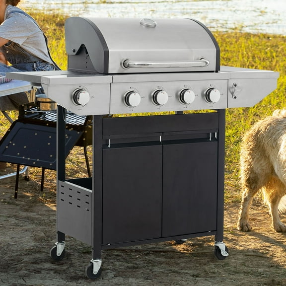 S-HOME High-Performance Propane Grill 4 Burner Stainless Steel Barbecue with 46500 BTU Side Burner for Patio Cooking