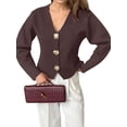 thumbnail image 2 of Cropped Cardigan Sweaters for Women V Neck Long Sleeve Gold Button Down Knit Cardigan Tops Brown S, 2 of 9