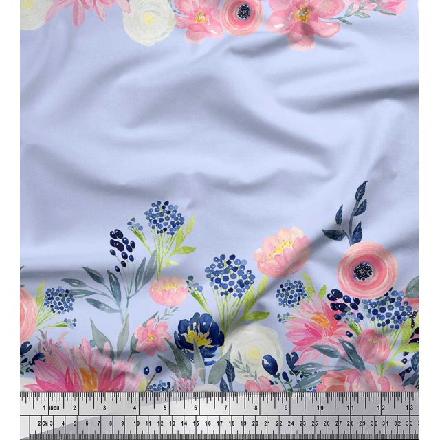 Soimoi Tissu en Rayonne Bleu Ranunculus & Chrysanthème Imprimé Floral 1 Yard 58 Pouces de Large