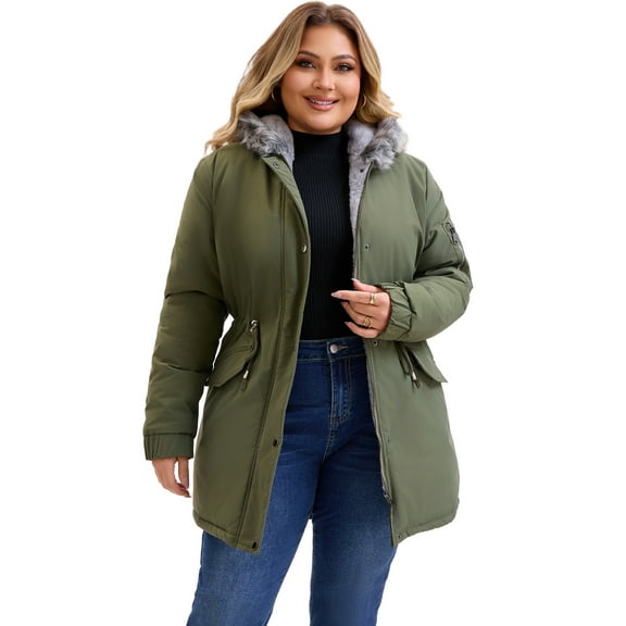DARING DIVA Women's Plus Parka Jacket Fleece Lined Zipper Coat Army Green 1X