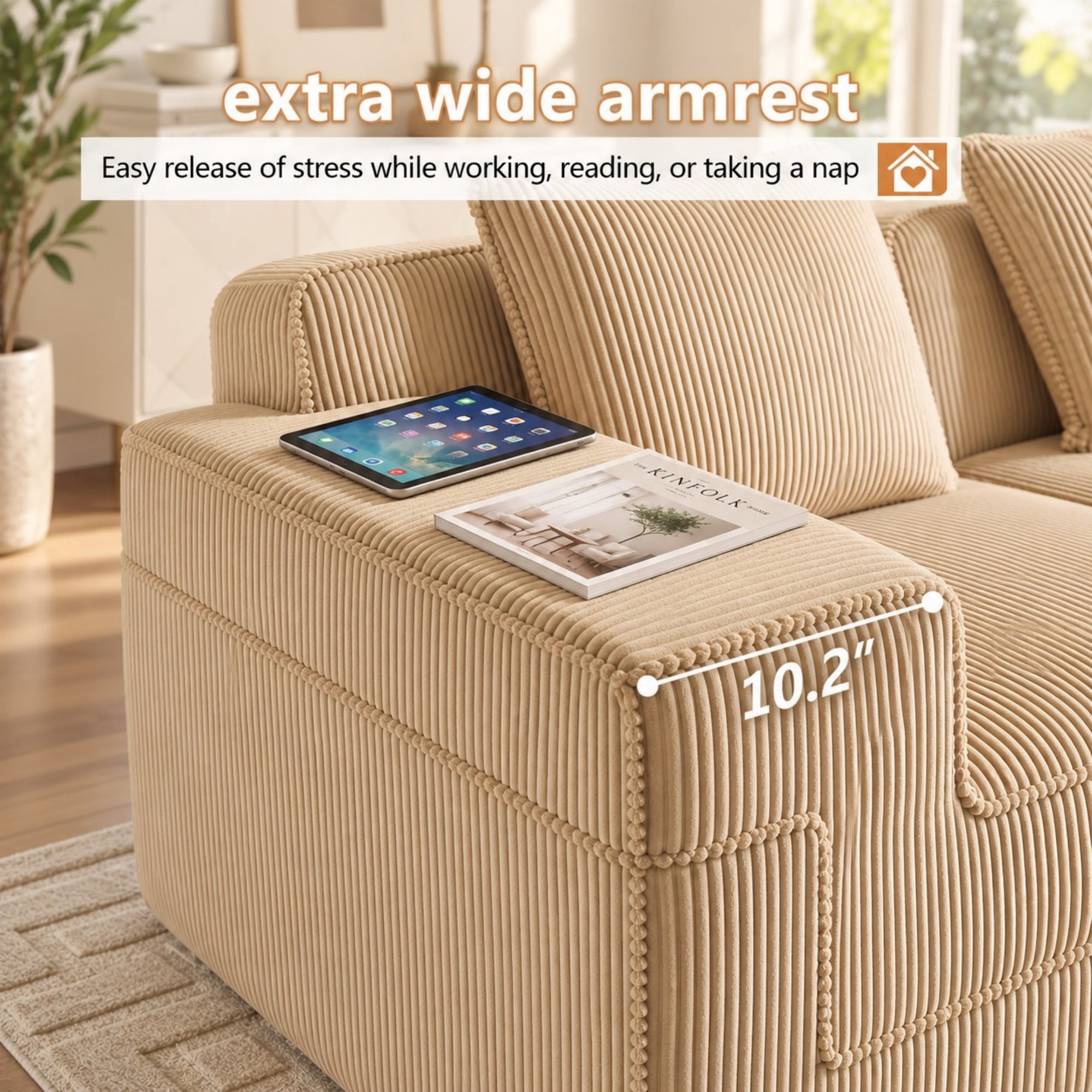 DEALTOPS 81" Modern Corduroy Floor Sofa, Modular 2-Seater Cloud Couch with Deep Seats & 2 Pillows, Beige