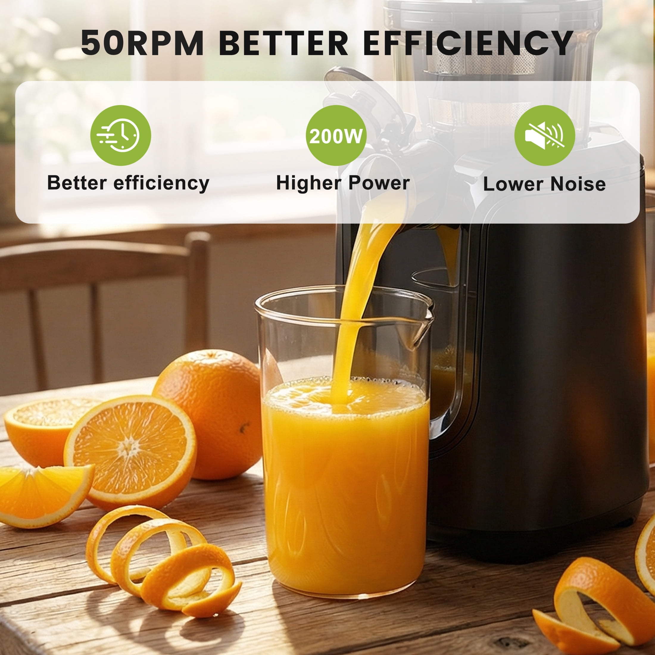 EDX Cold Press Slow Grinding Juicer, 200W, 4.25" 1000ML Wide Feed Chute, 80% Juice Yield for Apple & Ginger, 800ml Juice Cup, 700ml Pulp Cup, Whole Fruit & Veggie Compatible, 120V 60Hz, 72db, Black