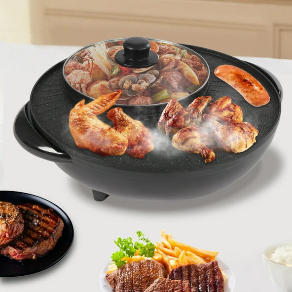 110V Aluminum Circular Edition Hotpot Grill Combo Indoor BBQ Home Parties Electric Hot Pot Shops Black