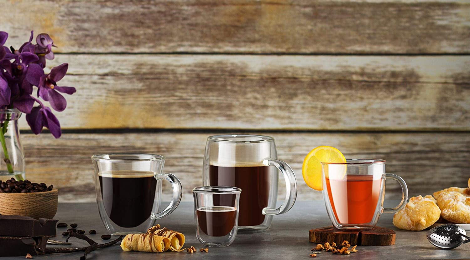 Glass Espresso Cups - Double Wall Insulated Coffee Mugs -  Designed in USA - Set of 2, 5 oz - For Cappuccino, Latte, Tea, Shots -  Borosilicate Glassware - Dishwasher, Microwave Safe - Premium Gift Box:  Liquor Decanters