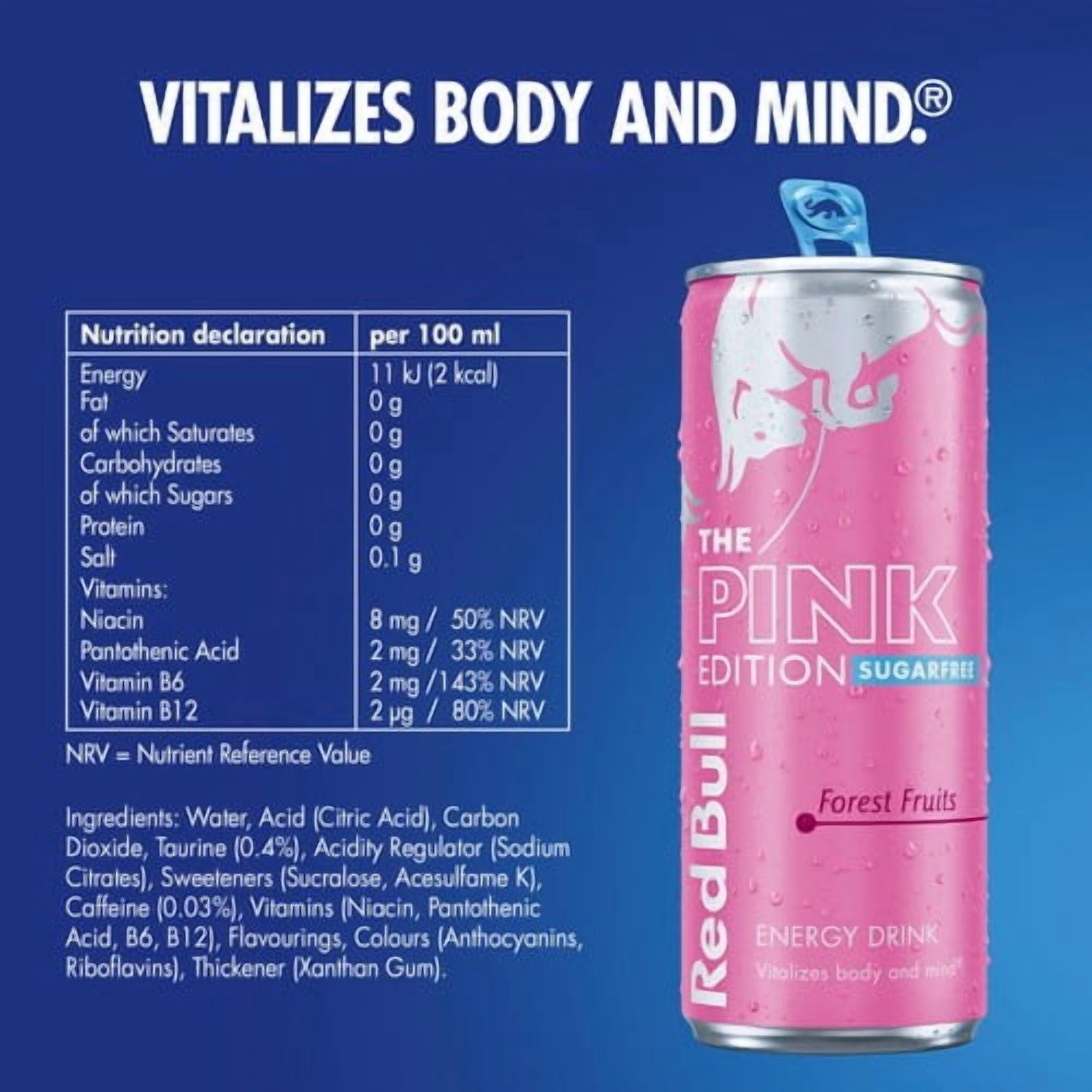 Red Bull Energy Drink Sugar Free Pink Edition Forest Fruits 4 x 250ml, British Import (Pack of 2)