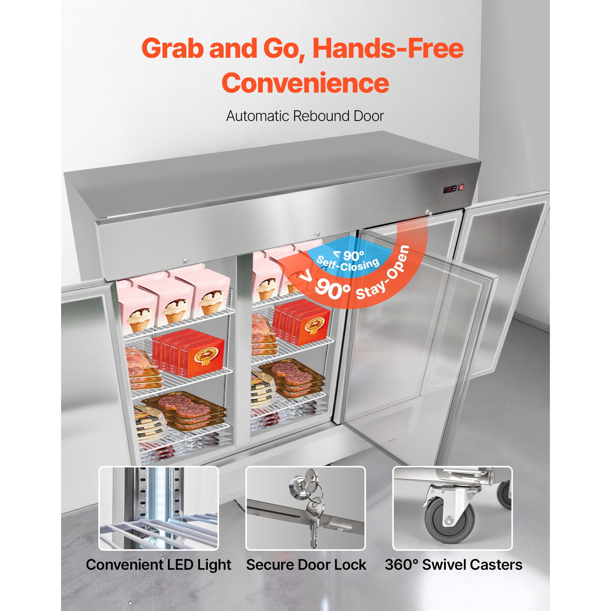 KFFKFF Commercial Stainless Steel Upright Freezer, 85" Wide, 69 Cu.Ft Capacity with Three Doors, Auto-Defrost, 12 Adjustable Shelves, -11 to 14℉ Temperature Range, ETL Certified