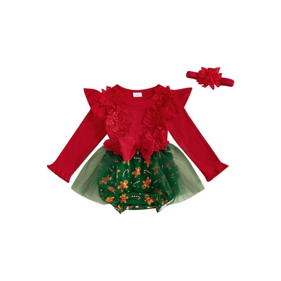 Miaouyo Infant Baby Girl Christmas Fall Outfit 0 3 6 12 18 Months Gingerbread Ruffle Trim Long Sleeve Romper Dress and Flower Headband