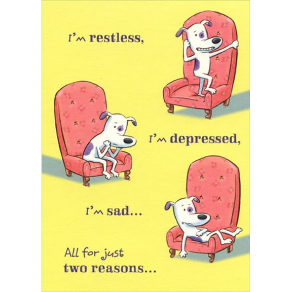Designer Greetings White Dog with Purple Spots in Red Chair Funny / Humorous Friendship Card
