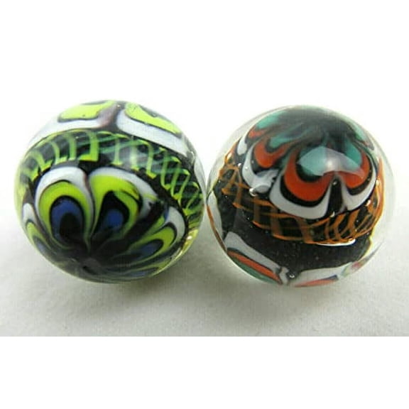 Big Game Toys ~Set of 2 RINKY-DINK 16mm Handmade Art Glass Marbles Orange Blue Green Lattice Design