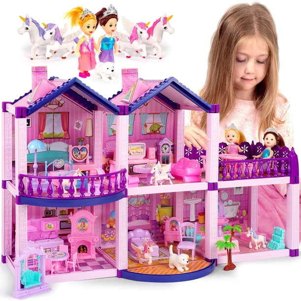 Casa de muñecas TOMLEON Dream con 2 princesas, 4 unicornios, perro y muebles