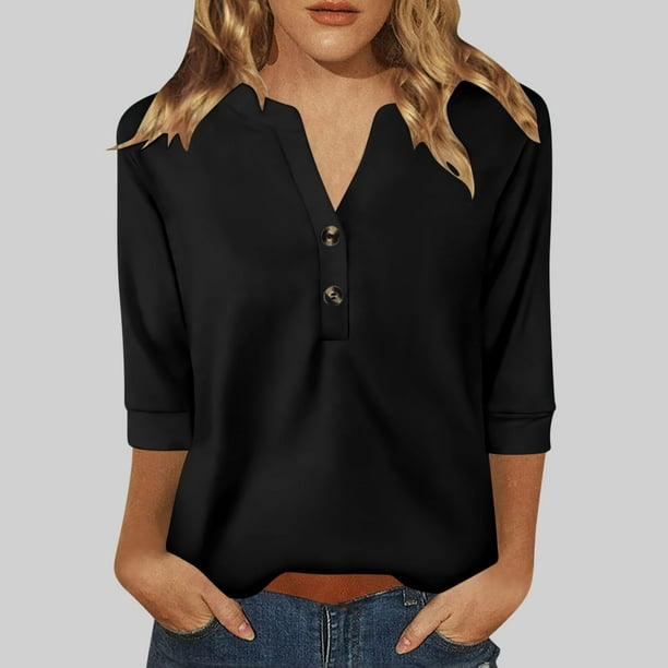 Sudaderas con capucha para mujer,Camiseta de mujer con cuello en V y manga 3/4, blusa informal holgada, detalle de botones, ideal para el hogar y el día a día, sopatenor