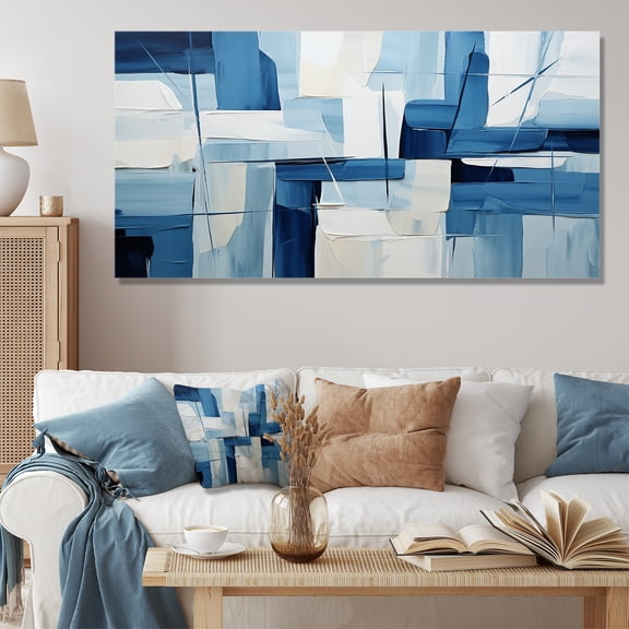 Designart "Geometric Shapes in Nautical White and Blue II" Extra Large Abstract Wall Art - Modern Blue Abstract Geometric Hallway Wall Art Decor