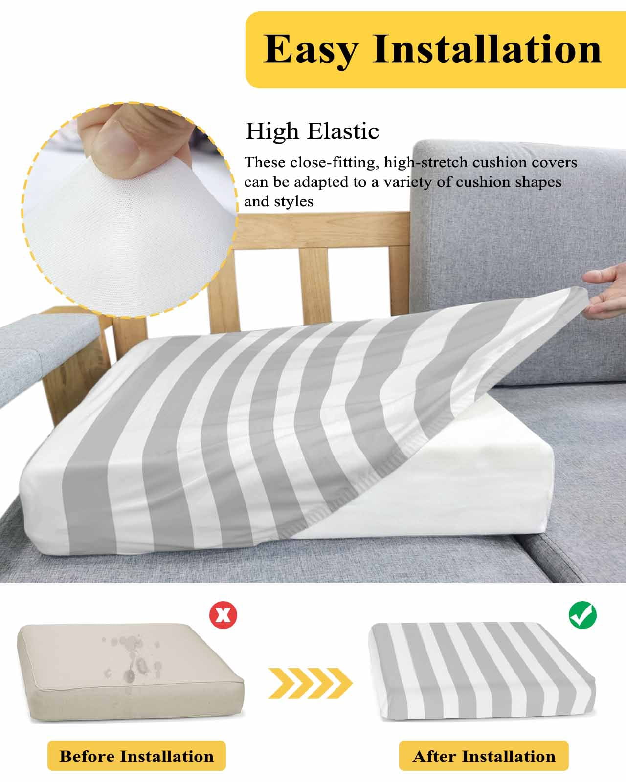 Grey Striped Couch Cushion Covers,Stretch Seat Cushion Covers for Sectional Sofa,Modern Farmhouse Gray White Stripes Loveseat Sofa&nbsp;Slipcovers Furniture Protector with Elastic&Straps 1Pcs,M