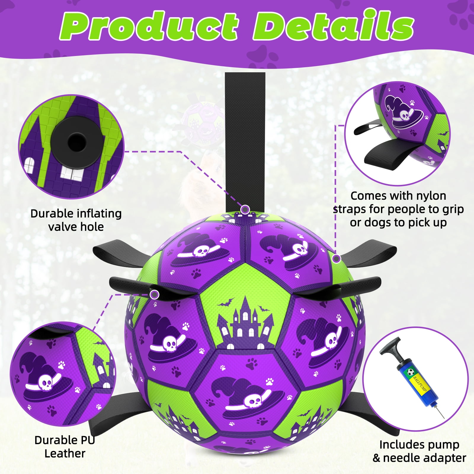 QDAN Halloween Dog Toys Ball, Soccer Ball with Straps for Dog Birthday Gift, Tug of War Interactive Dog Toys, Puppy Toys for Small Medium large Size Dogs, Purple & Green, 7inch