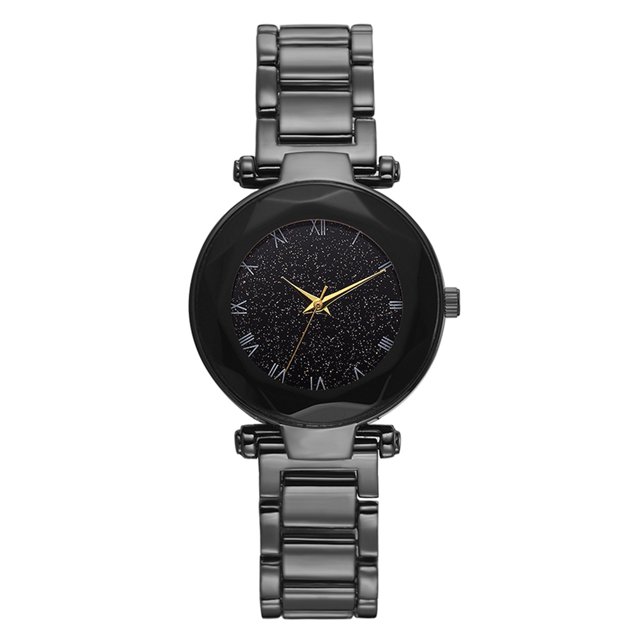 Reloj de cuarzo con banda de acero a la moda, reloj femenino con esfera de números romanos y cielo estrellado (negro)
