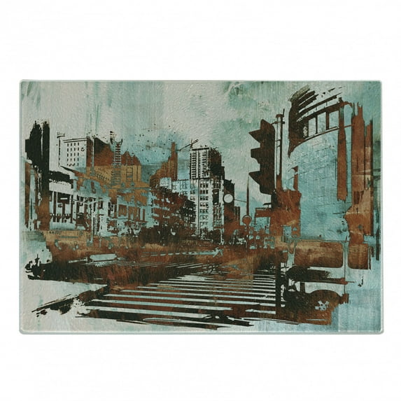 Grunge Cutting Board, Urban Cityscape Contemporary Abstract Acrylic Paint Style Brush Strokes, Decorative Tempered Glass Cutting and Serving Board, Small Size, Seafoam Brown White, by Ambesonne