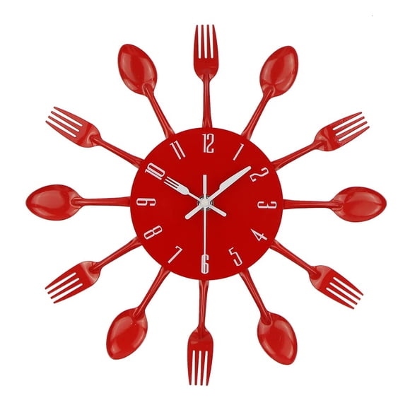 Reloj de pared Timelike para cubiertos de cocina con forma de cuchara y tenedor, 32 cm, rojo