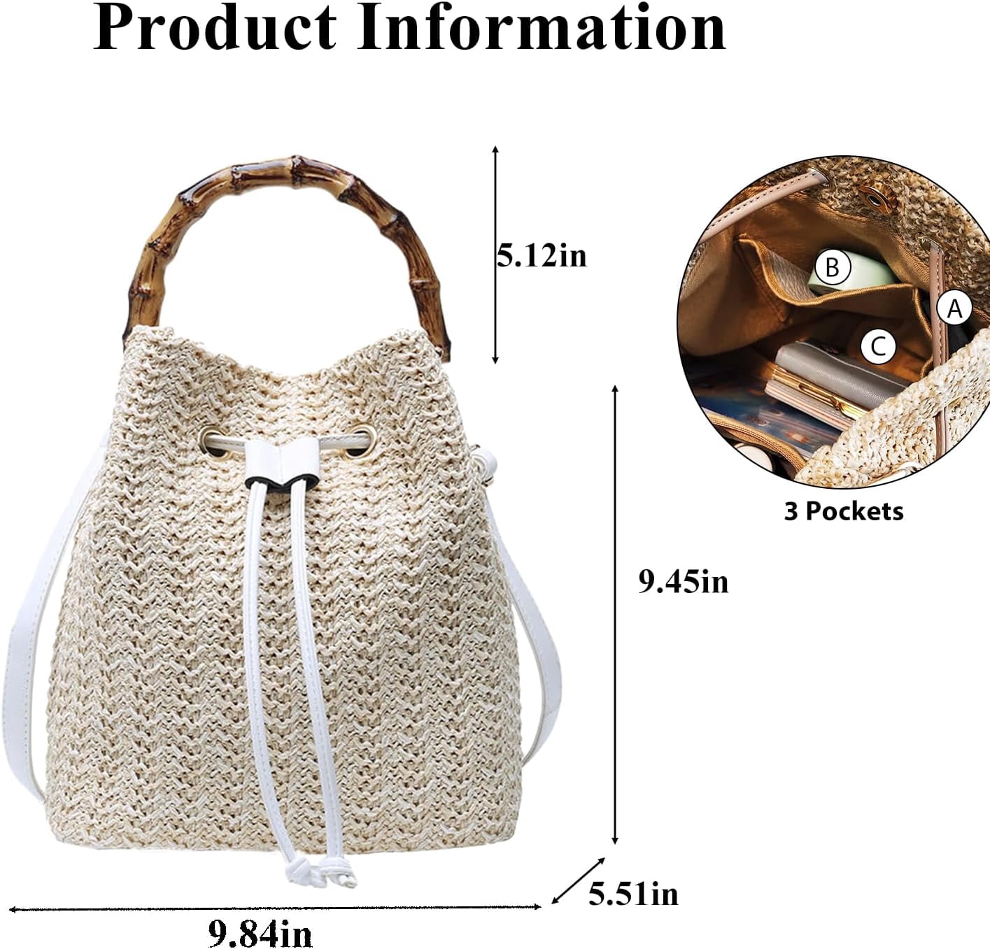 Straw Purse for Women, Summer Straw Bucket Bag Trendy Hobo Bag Straw Shoulder Crossbody Handbags with Bamboo Handle