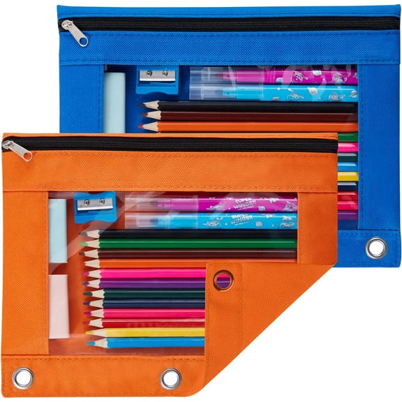 2 Pack Pencil Bags for 3 Ring Binder, Binder Pencil Pouch with Clear Window Pencil Bags with Zipper & Reinforced Grommets, Portable Pencil Case for binder