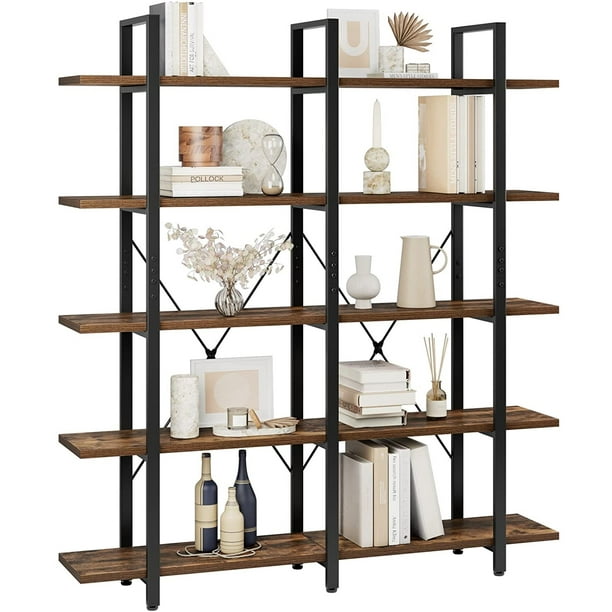 Homfa Double Wide 5 Tier Bookshelf, Industrial Bookcase with Metal ...