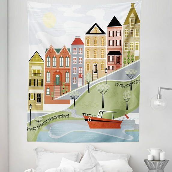 Cartoon Tapestry, Quaint Village Street and Colorful Building by River Cartoon Illustration Print, Fabric Wall Hanging Decor for Bedroom Living Room Dorm, 5 Sizes, Green Teal, by Ambesonne