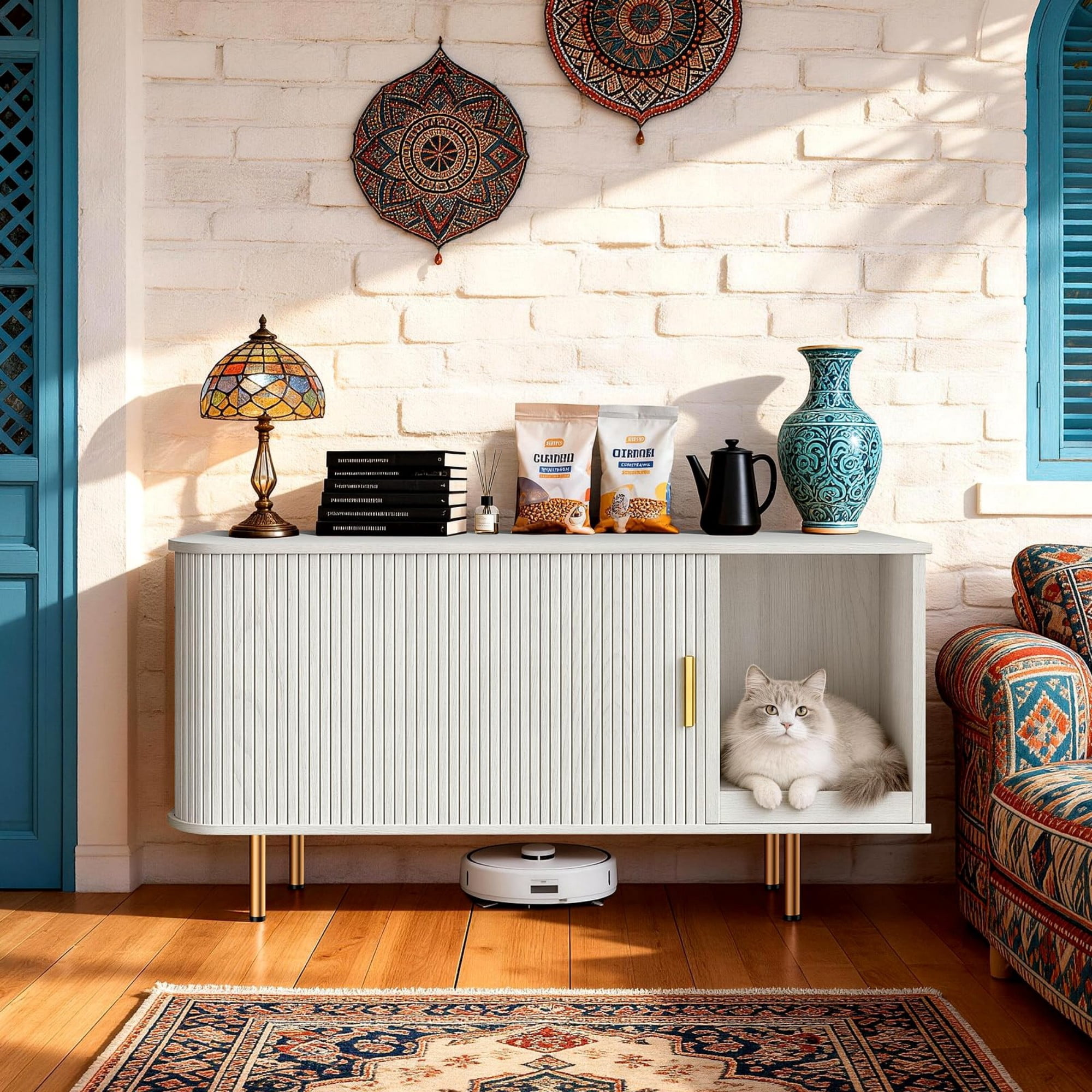 Cat Litter Box Enclosure Furniture with Sliding Door, Hidden Cat House Cabinet with Scratch Pad, Modern TV Stand Side Table, White