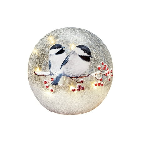 Chickadee Glass - Lighted Winter Chickadee Tabletop Crackled Glass Ball Décor, Small