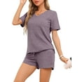 thumbnail image 4 of INSPIRE CHIC Women's Pajama Ribbed Knit Loungewear Sleepwear Short Sleeve Top and Shorts with Pockets Lounge Set M Purple, 4 of 5