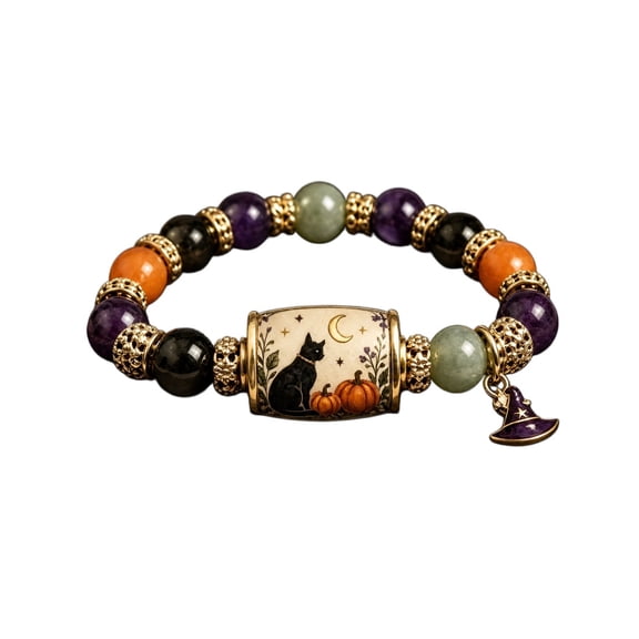 Lypsnake Halloween Black Cat Pumpkin Beaded Bracelet,Stretch Natural Stone Bead Bracelet With Enamel Witch Hat Charm, Vintage Jewelry For Women Fall Holiday Daily Wear Accessory