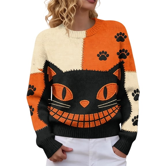 Domzest Halloween Kint Sweater for Women Crew Neck Long Sleeve Witchy Black Cat Pullover Sweaters 2026 Fall Winter Casual Cute Sweaters Orange 3XL